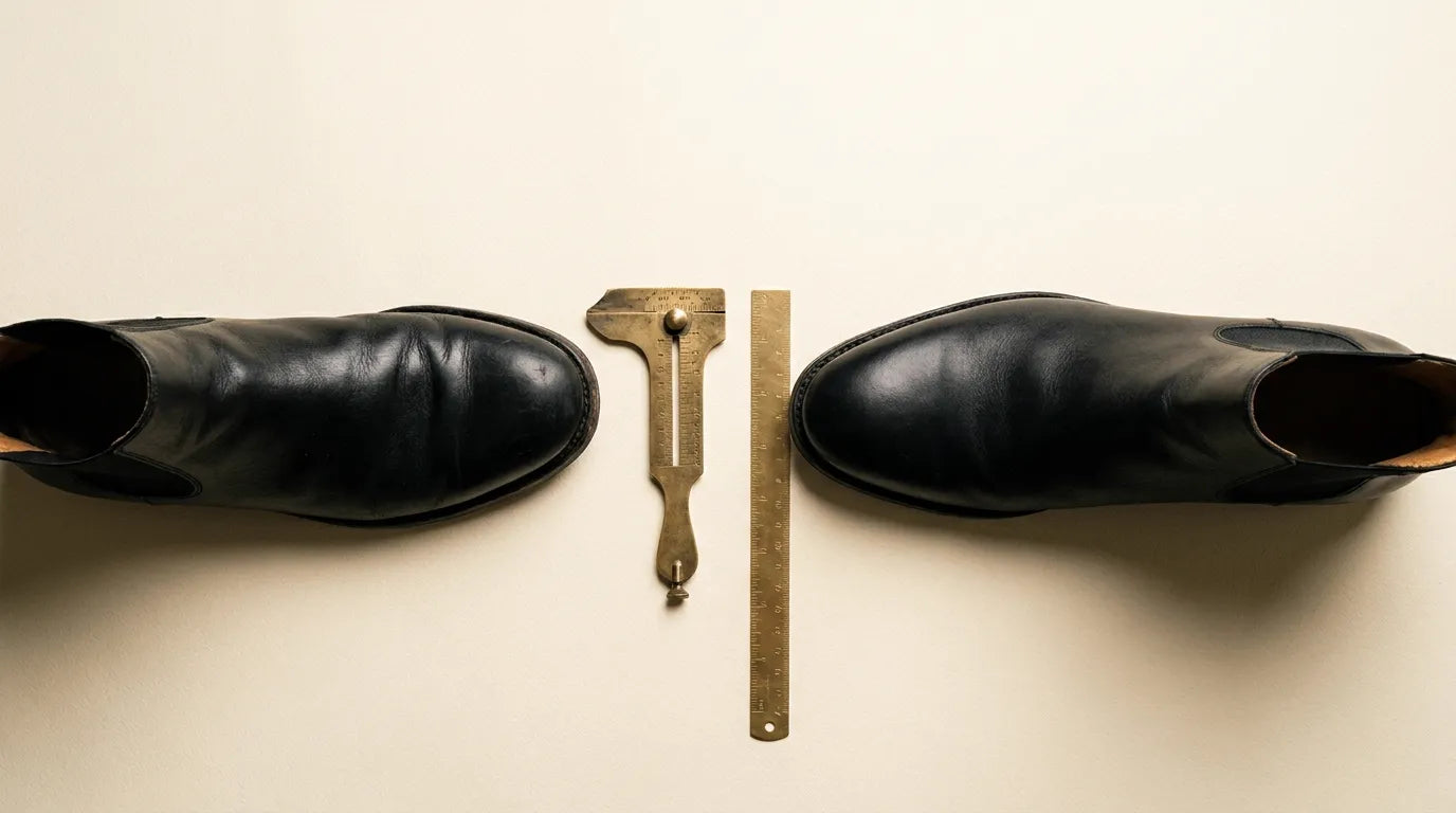 Flat-lay of two Chelsea boots, standard and EE width, with a brass measuring gauge between them